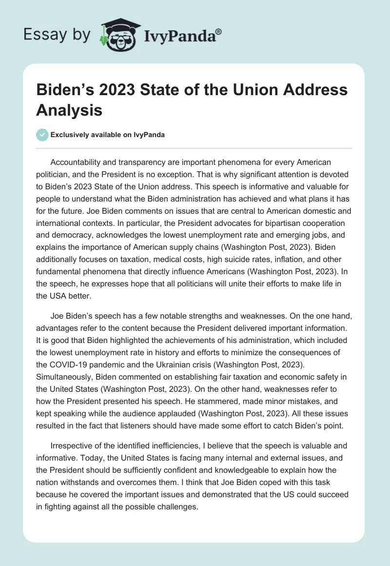 Biden’s 2023 State of the Union Address Analysis. Page 1