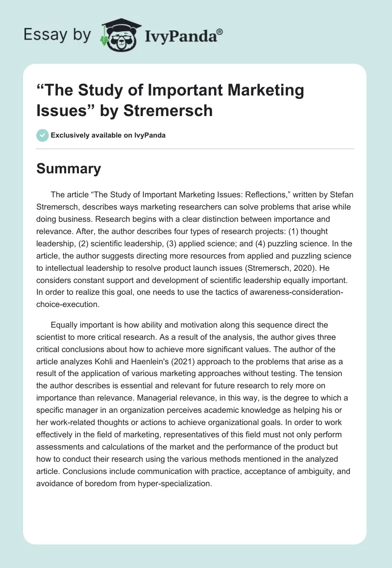 “The Study of Important Marketing Issues” by Stremersch. Page 1