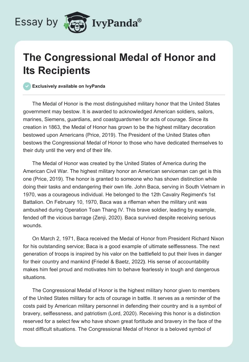 The Congressional Medal of Honor and Its Recipients. Page 1