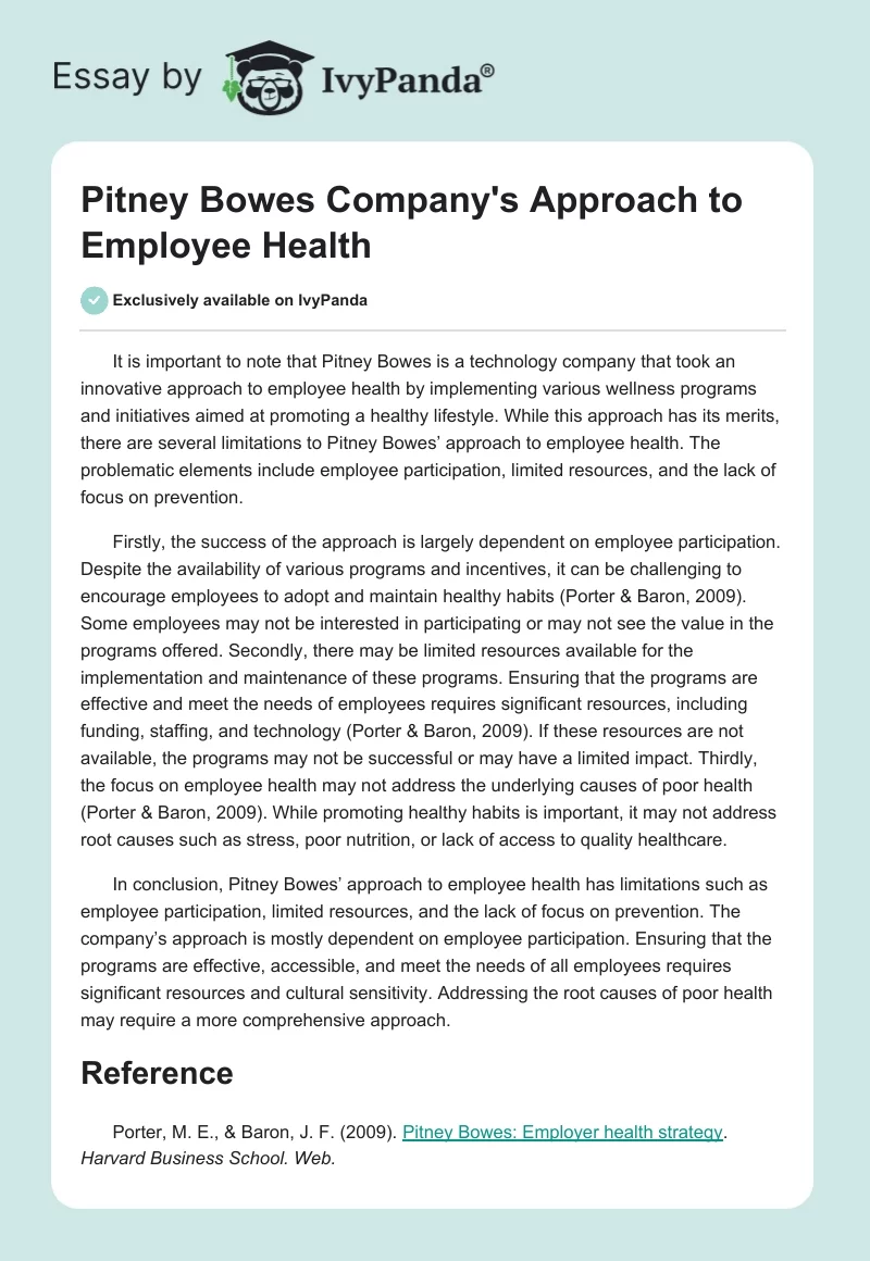 Pitney Bowes Company's Approach to Employee Health. Page 1