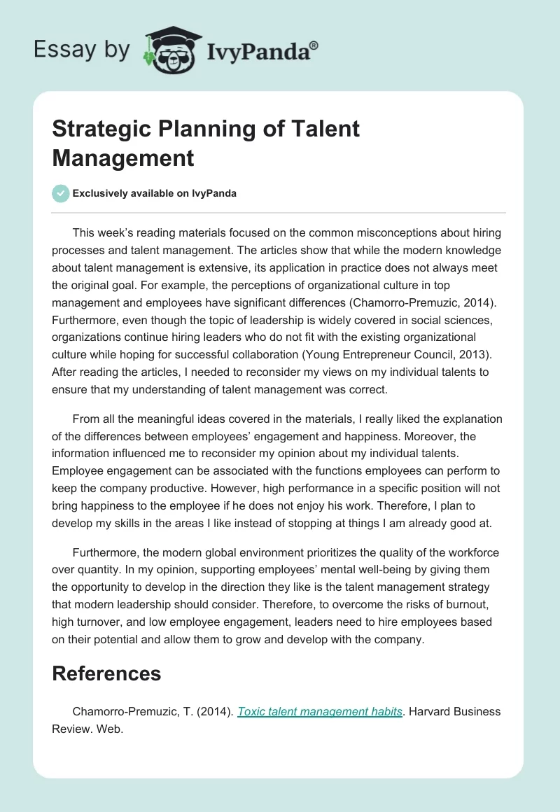 Strategic Planning of Talent Management - 283 Words | Essay Example