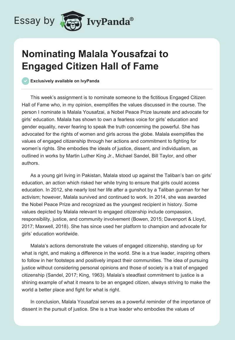 Nominating Malala Yousafzai to Engaged Citizen Hall of Fame. Page 1