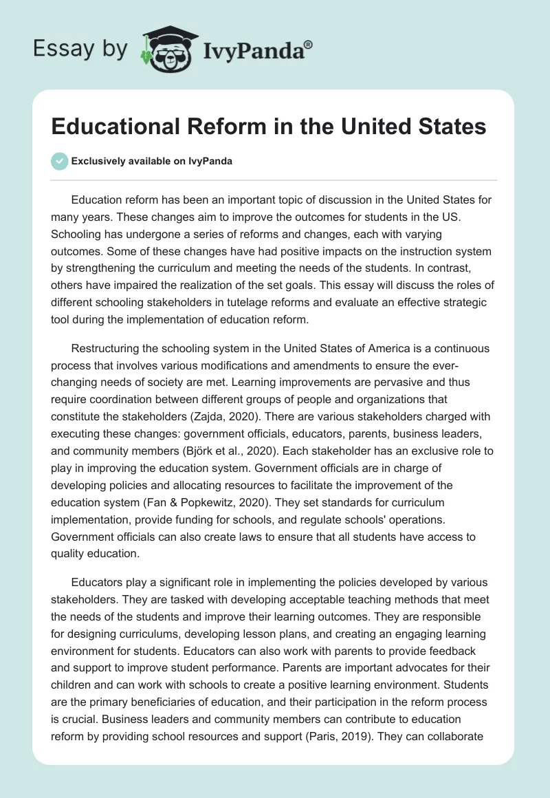 Educational Reform in the United States: The Role of Stakeholders. Page 1