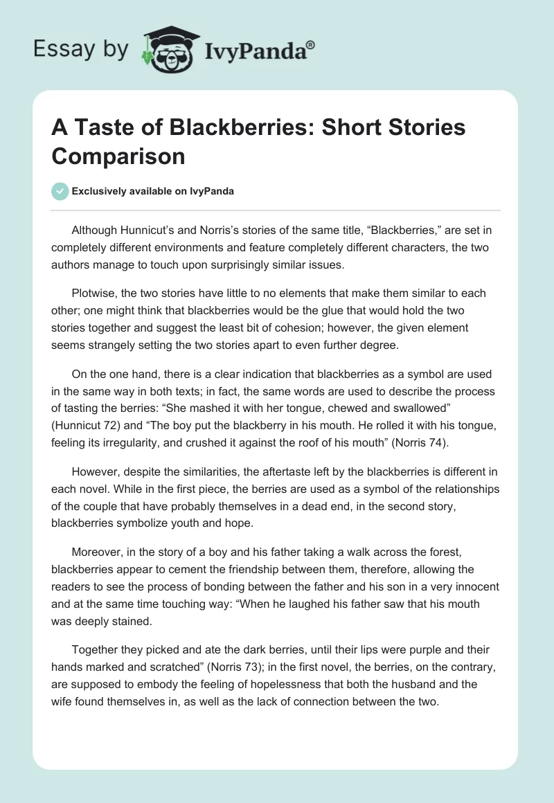 A Taste of Blackberries: Short Stories Comparison. Page 1
