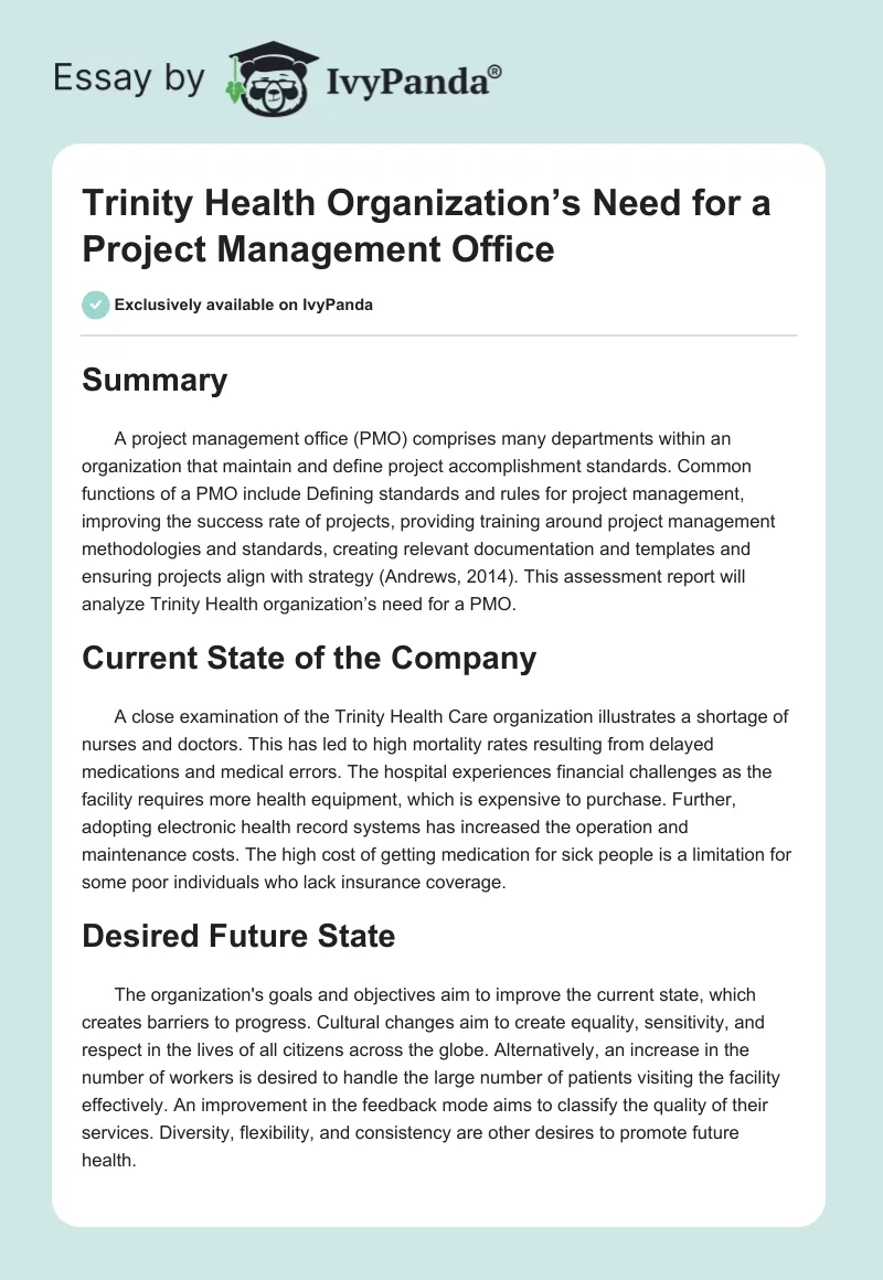 Trinity Health Organization’s Need for a Project Management Office. Page 1