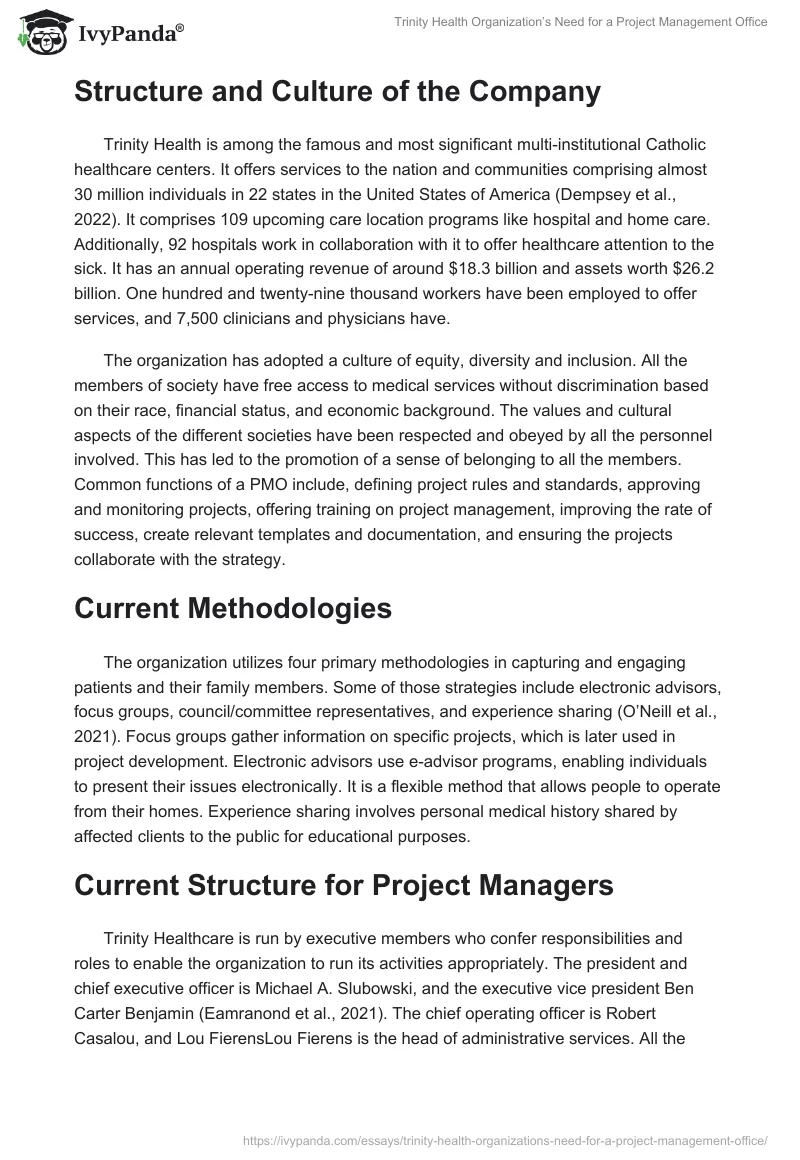 Trinity Health Organization’s Need for a Project Management Office. Page 2