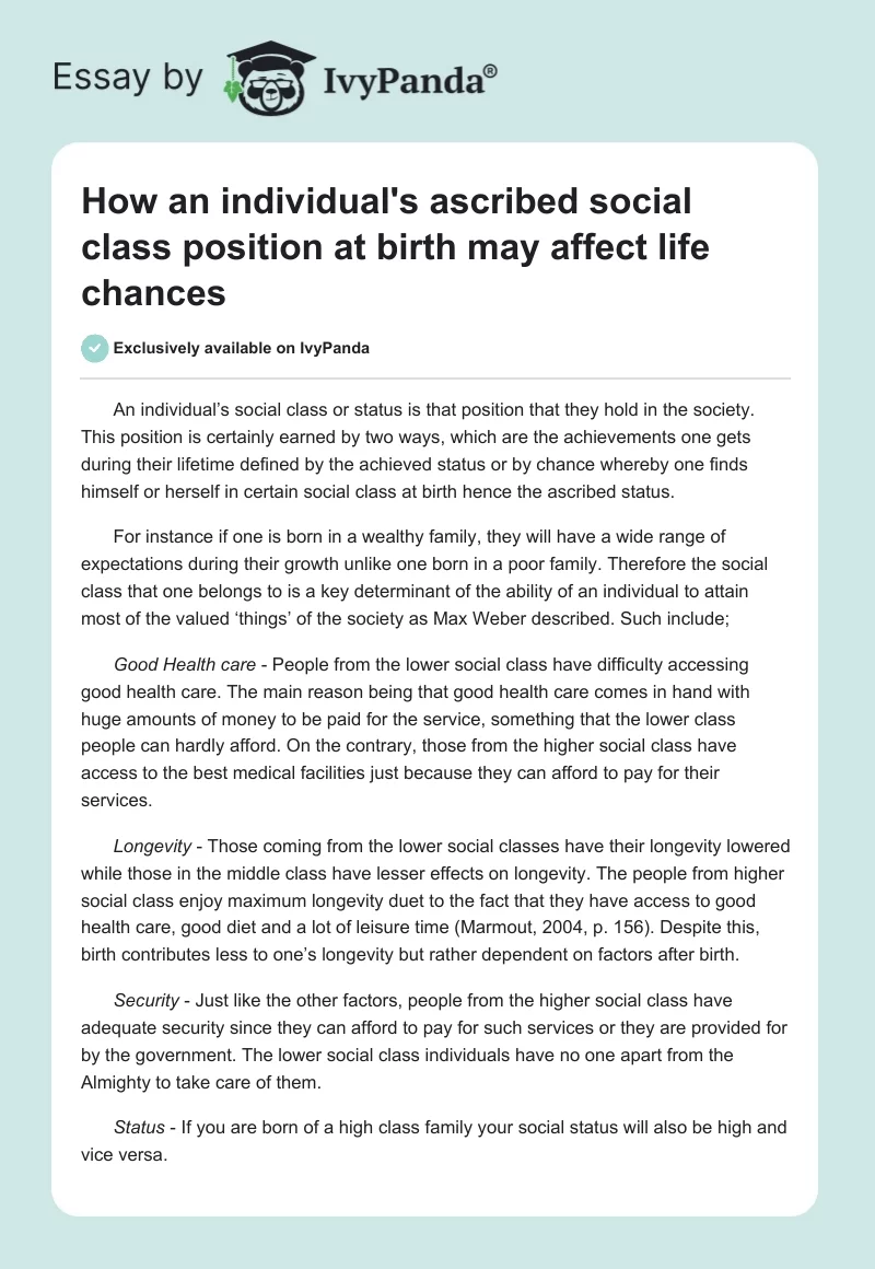 How an individual's ascribed social class position at birth may affect life chances. Page 1