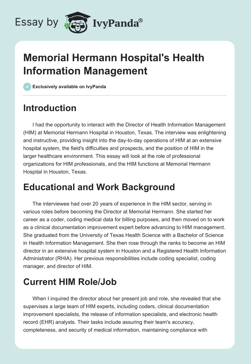 Memorial Hermann Hospital's Health Information Management. Page 1