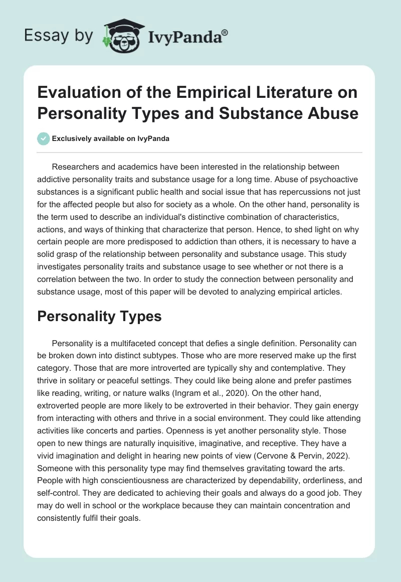 Evaluation of the Empirical Literature on Personality Types and Substance Abuse. Page 1
