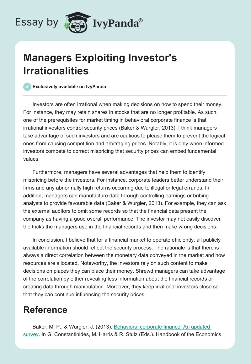 Managers Exploiting Investor's Irrationalities. Page 1