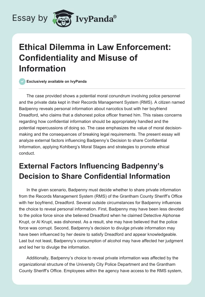 Ethical Dilemma in Law Enforcement: Confidentiality and Misuse of Information. Page 1