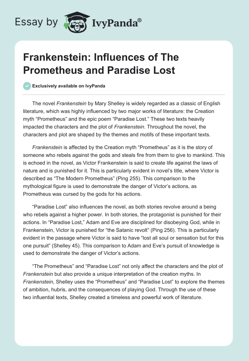 Frankenstein: Influences of "The Prometheus" and "Paradise Lost". Page 1