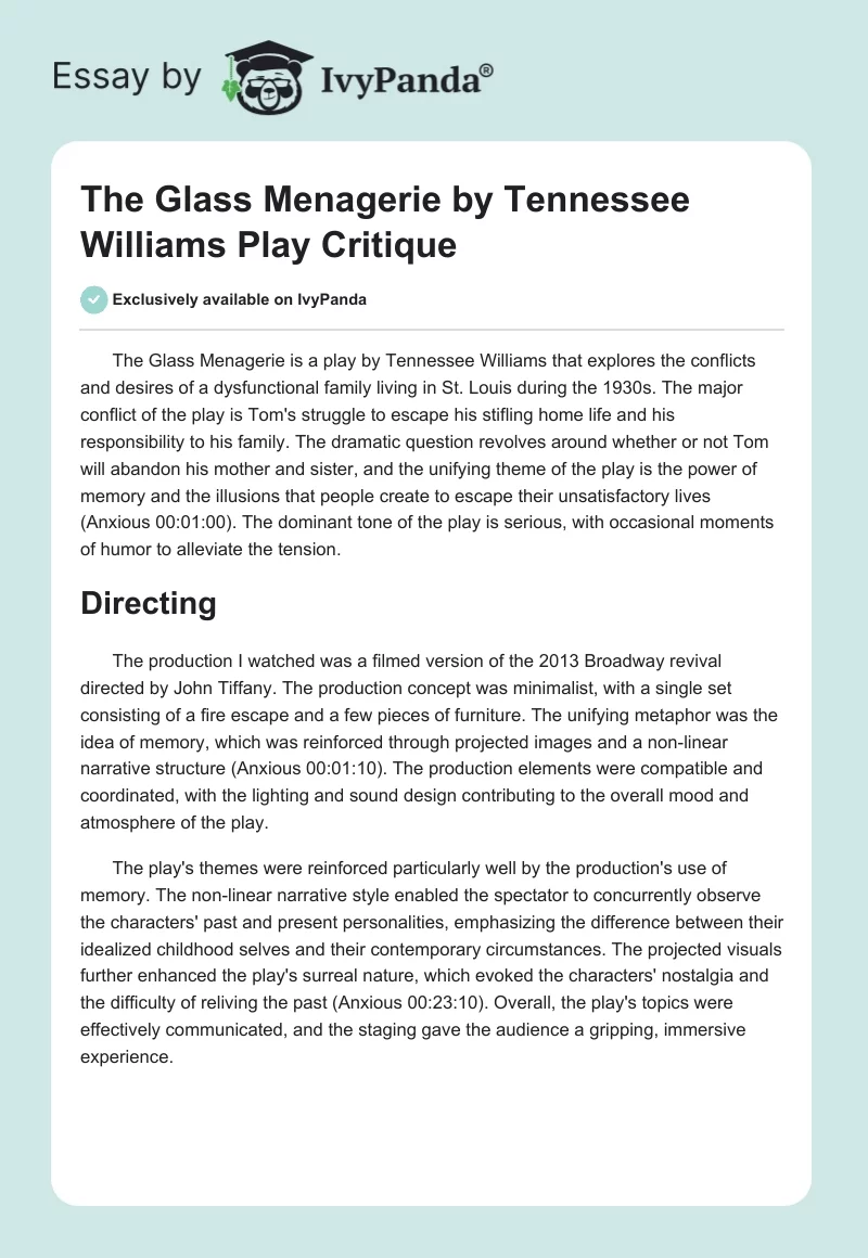 "The Glass Menagerie" by Tennessee Williams Play Critique. Page 1