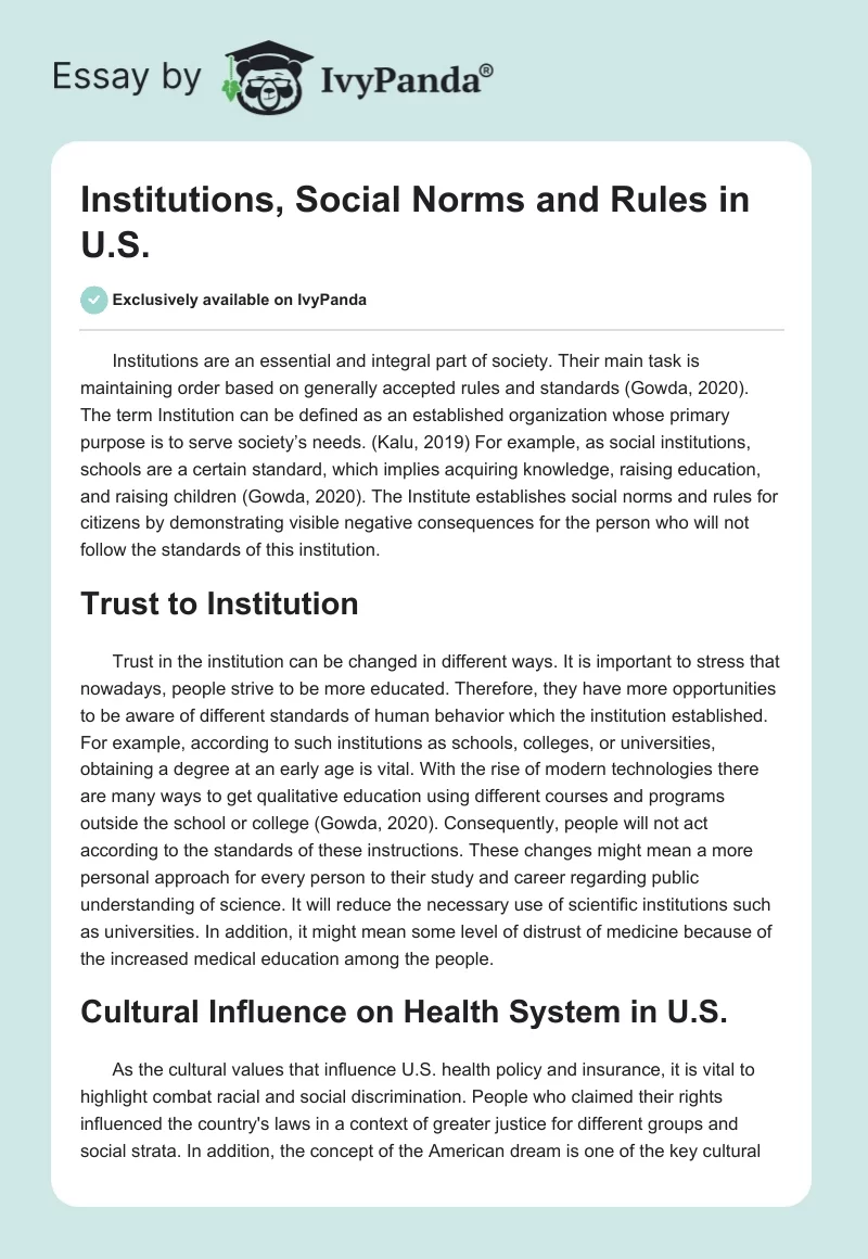 Institutions, Social Norms and Rules in U.S.. Page 1