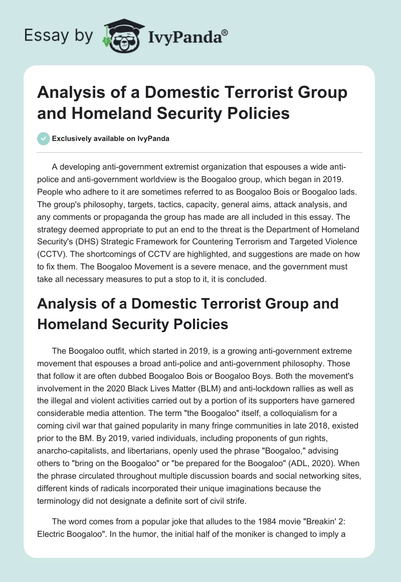 Analysis of a Domestic Terrorist Group and Homeland Security Policies. Page 1