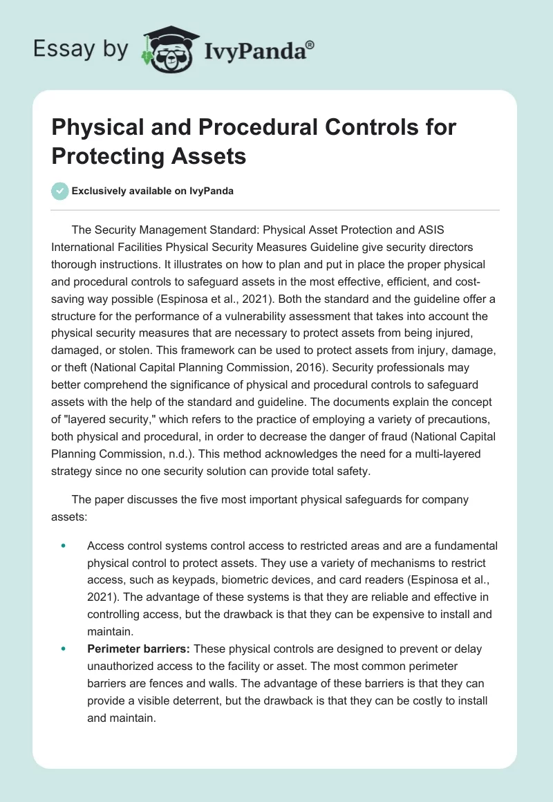 Physical and Procedural Controls for Protecting Assets. Page 1