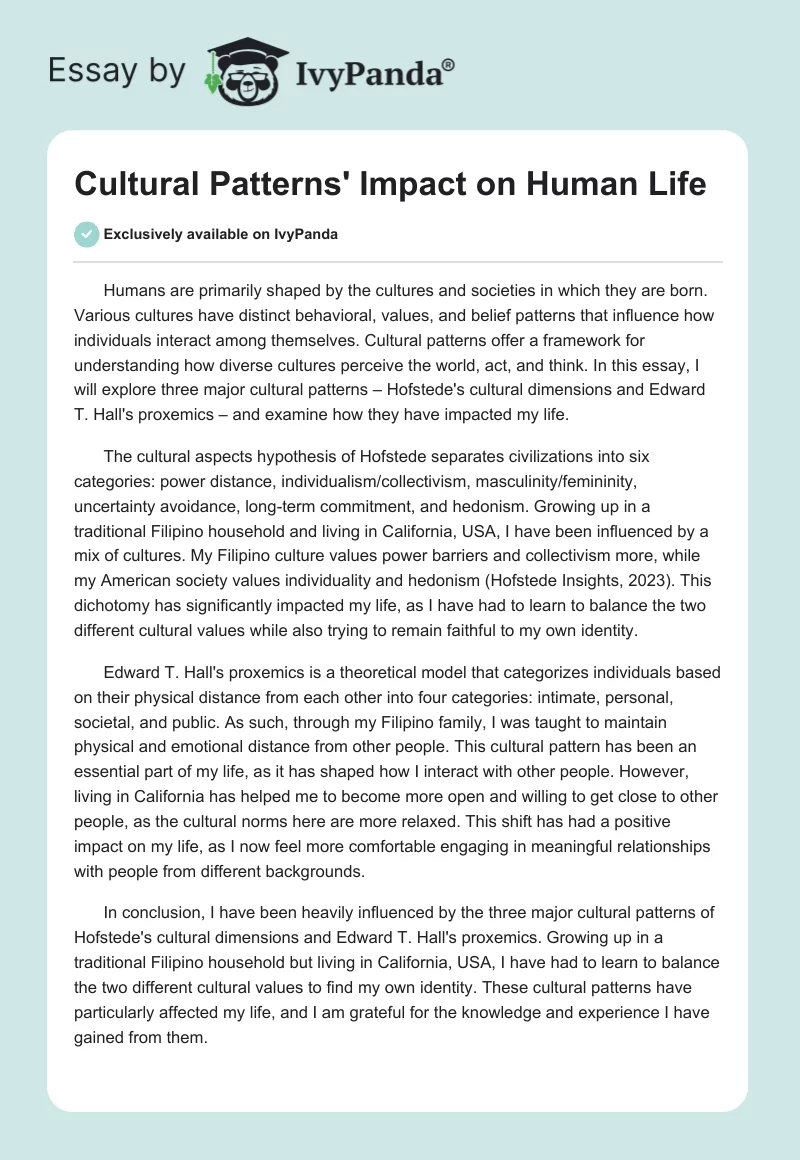 Cultural Patterns' Impact on Human Life. Page 1