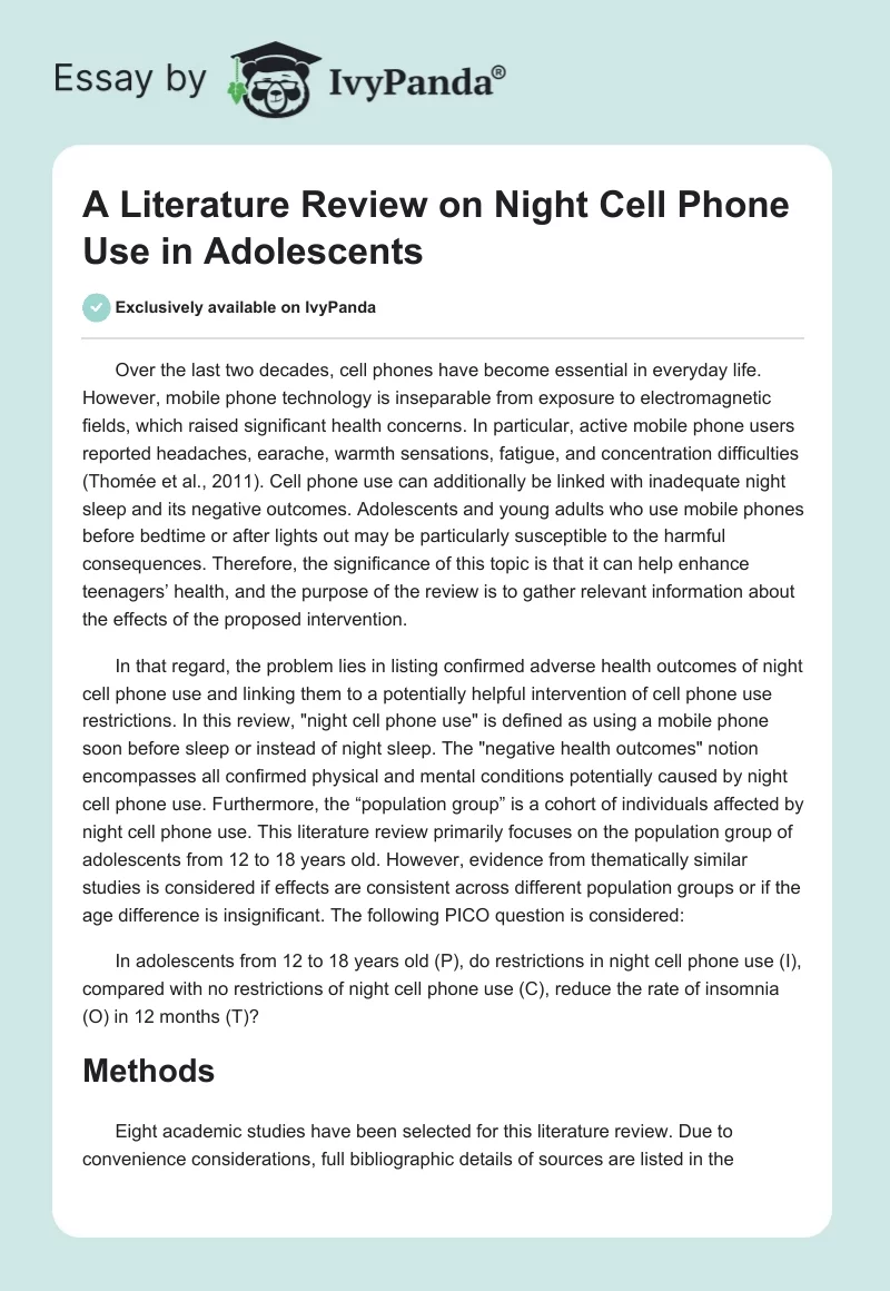 A Literature Review on Night Cell Phone Use in Adolescents. Page 1