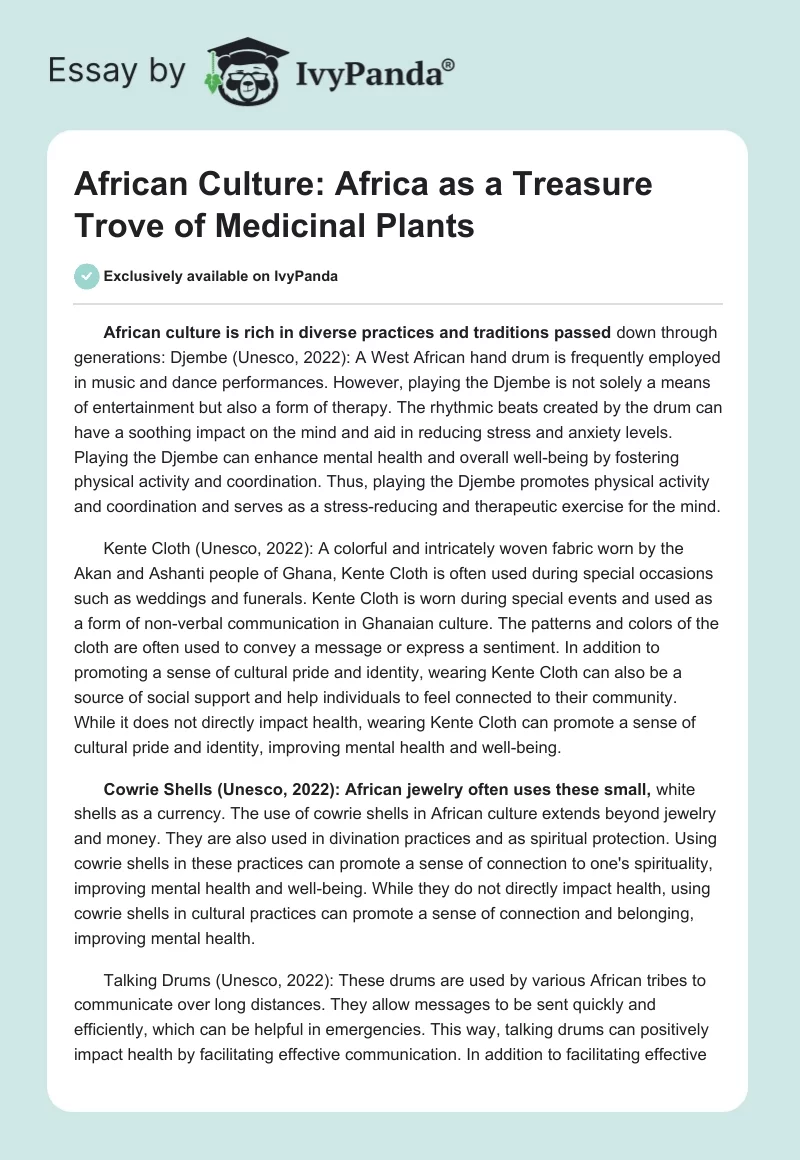African Culture: Africa as a Treasure Trove of Medicinal Plants. Page 1