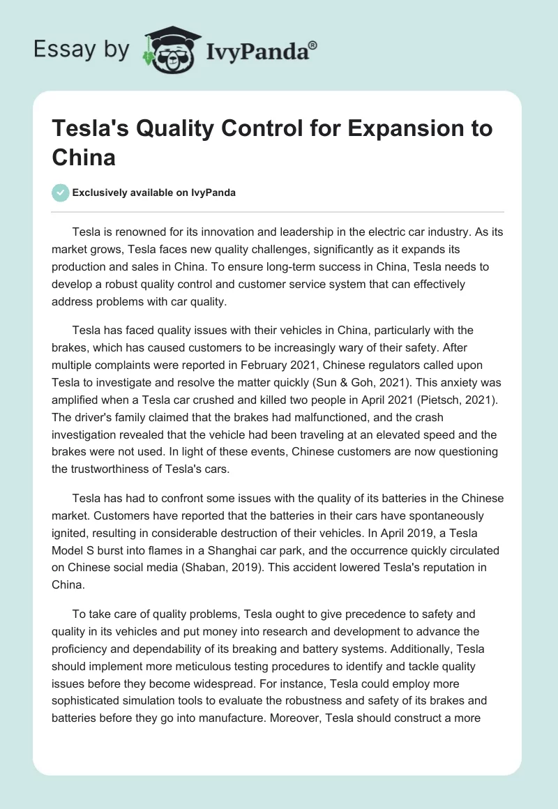 Tesla's Quality Control for Expansion to China. Page 1