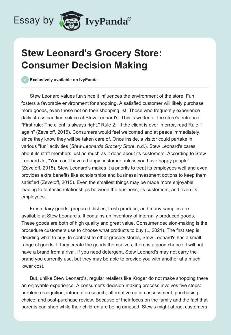 Stew Leonard's Grocery Store: Consumer Decision Making. Page 1