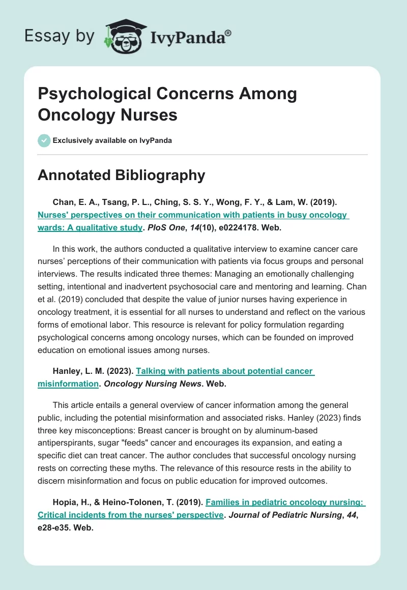 Psychological Concerns Among Oncology Nurses. Page 1