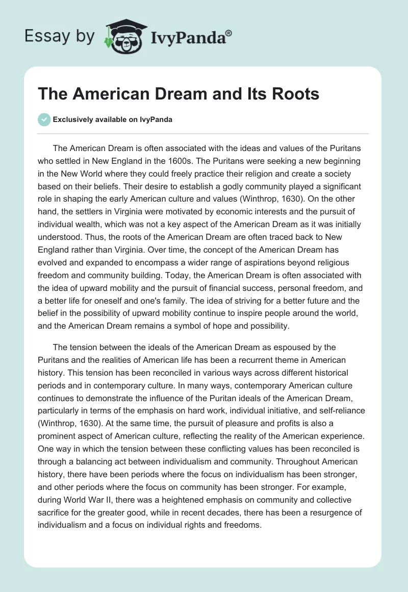 The American Dream and Its Roots. Page 1