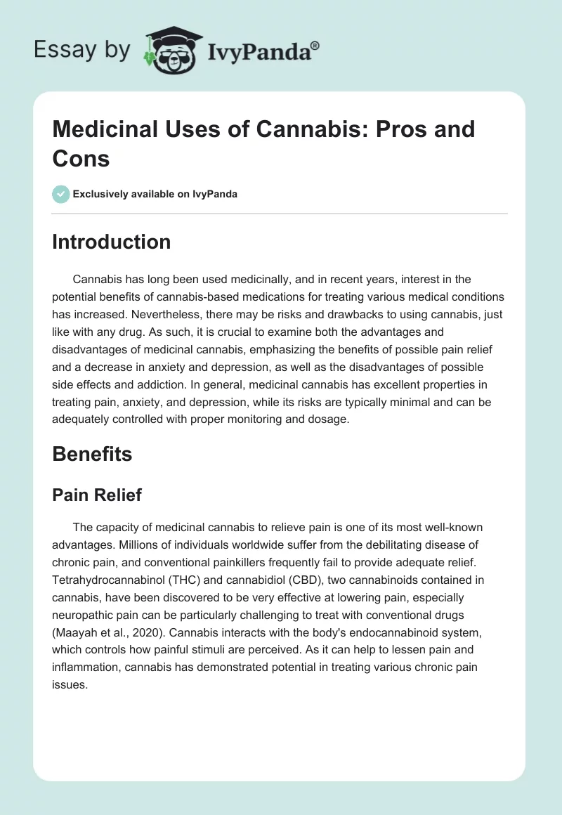 Medicinal Uses of Cannabis: Pros and Cons. Page 1