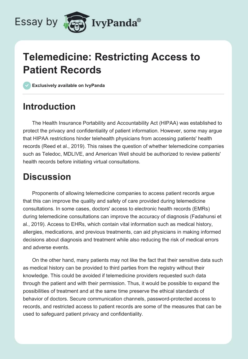 Telemedicine: Restricting Access to Patient Records. Page 1
