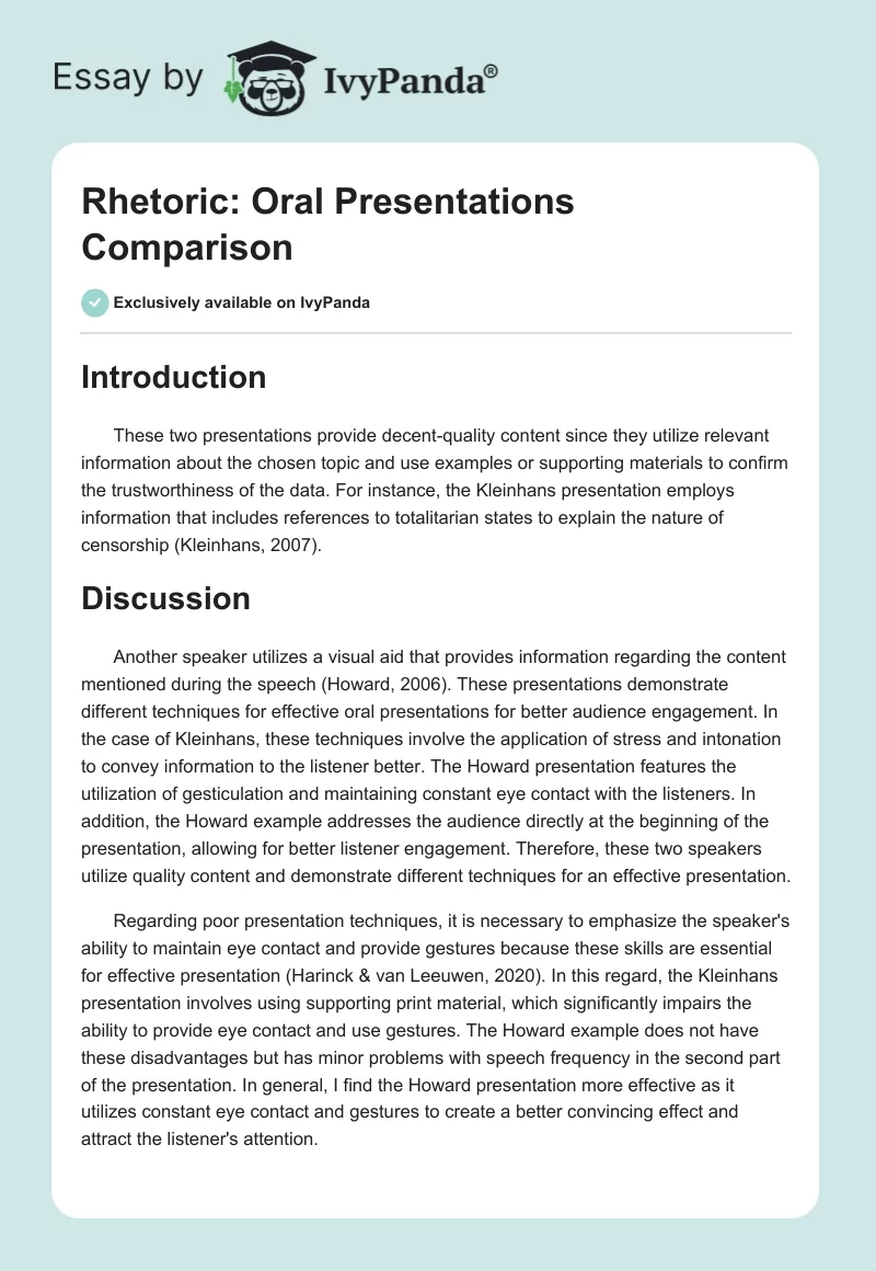 Rhetoric: Oral Presentations Comparison. Page 1
