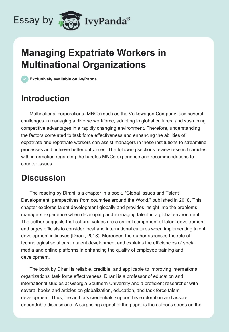 Managing Expatriate Workers in Multinational Organizations. Page 1