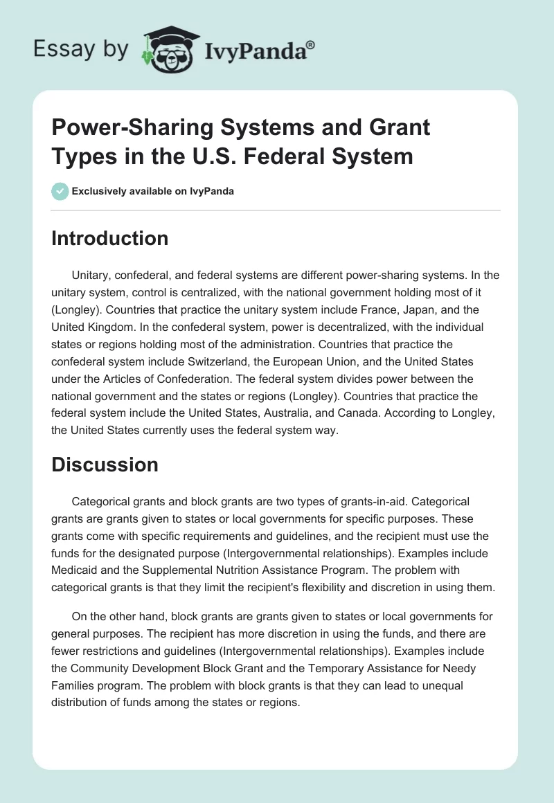 Power-Sharing Systems and Grant Types in the U.S. Federal System. Page 1