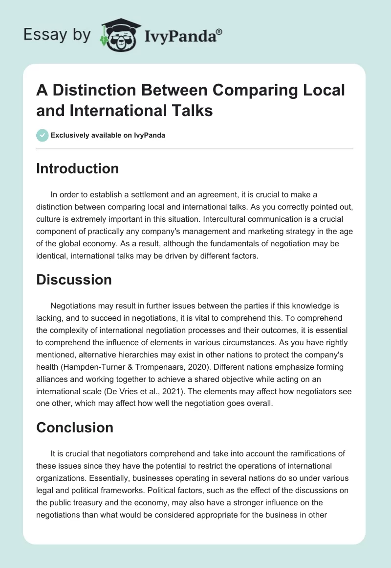 A Distinction Between Comparing Local and International Talks. Page 1