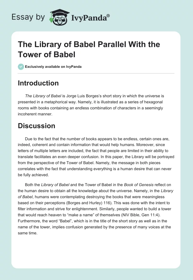 The Library of Babel Parallel With the Tower of Babel. Page 1