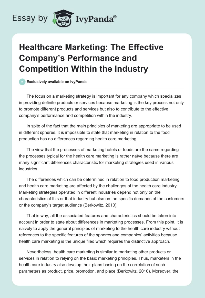 Healthcare Marketing: The Effective Company’s Performance and Competition Within the Industry. Page 1