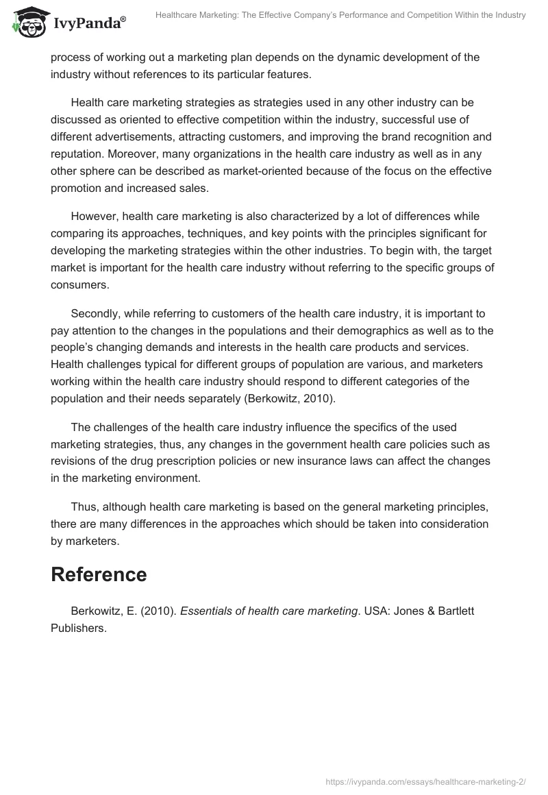 Healthcare Marketing: The Effective Company’s Performance and Competition Within the Industry. Page 2