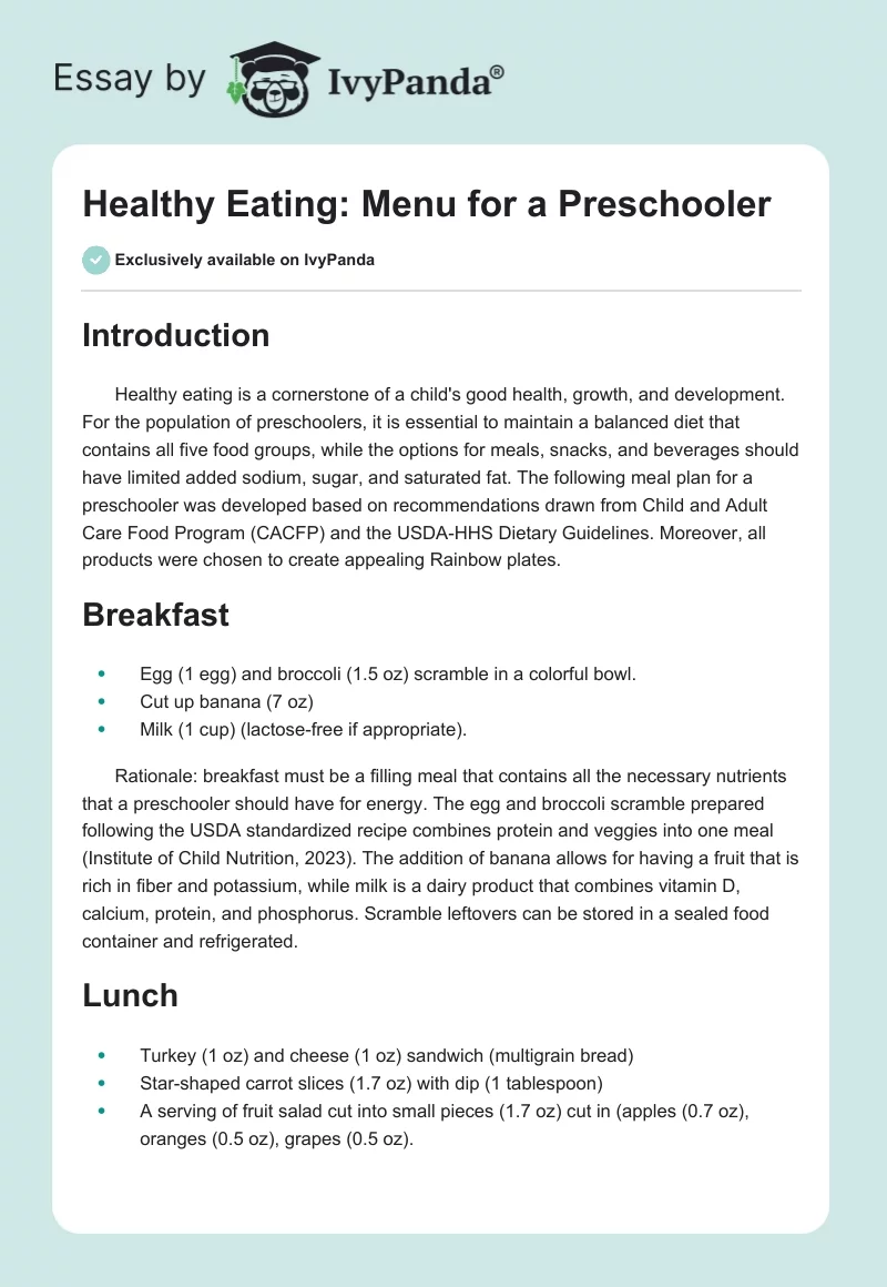 Healthy Eating: Menu for a Preschooler. Page 1