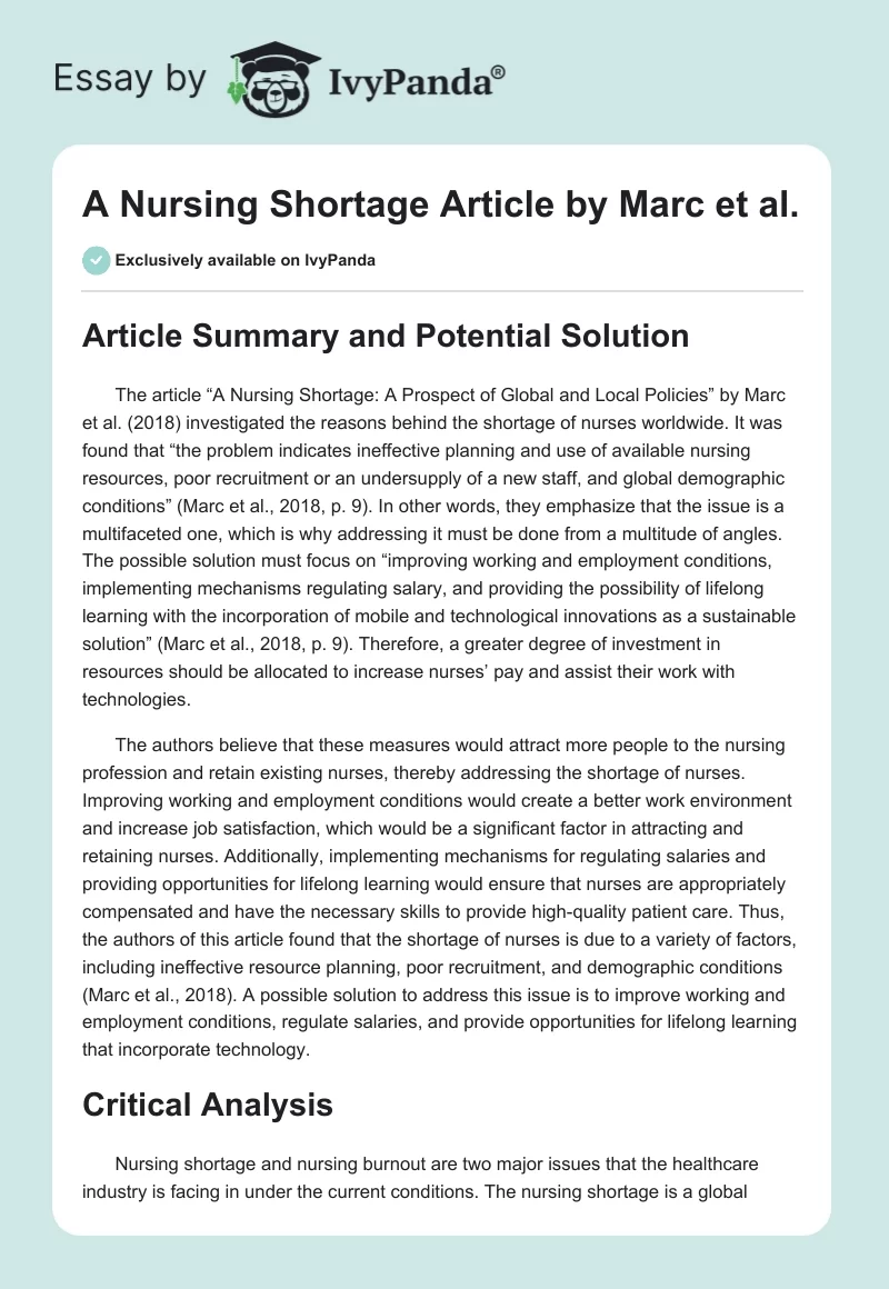 A Nursing Shortage Article by Marc et al.. Page 1