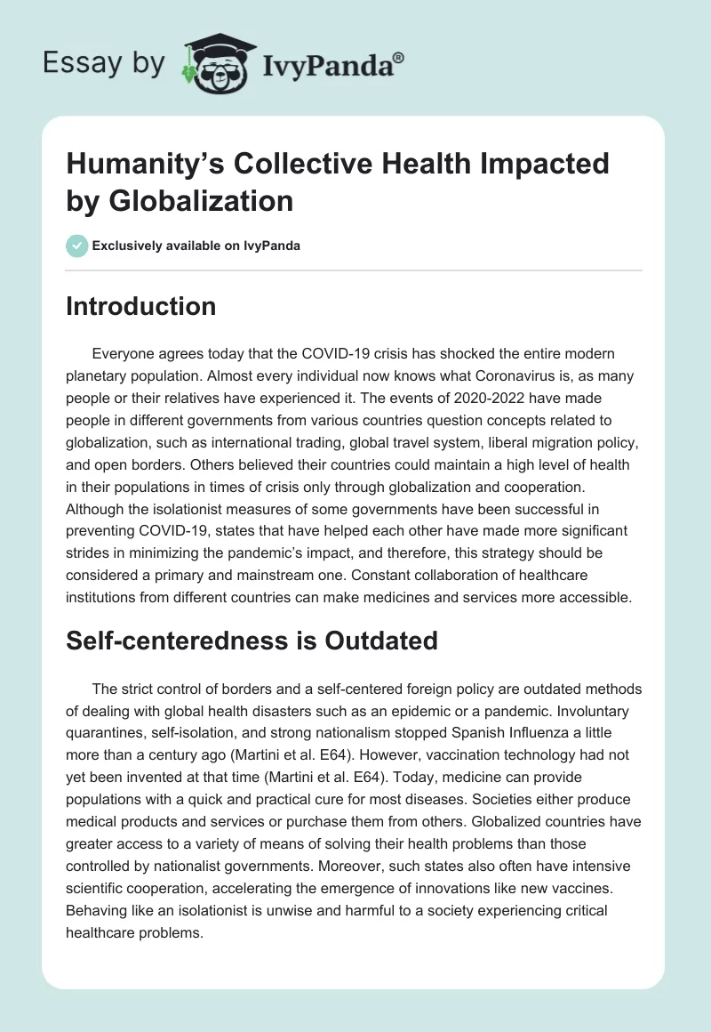 Humanity’s Collective Health Impacted by Globalization. Page 1