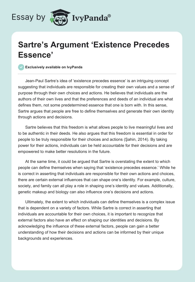 Sartre’s Argument ‘Existence Precedes Essence’. Page 1