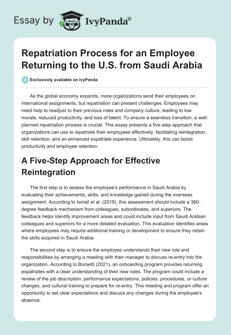 Repatriation Process for an Employee Returning to the U.S. from Saudi Arabia. Page 1