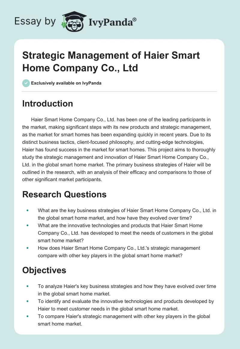 Strategic Management of Haier Smart Home Company Co., Ltd. Page 1