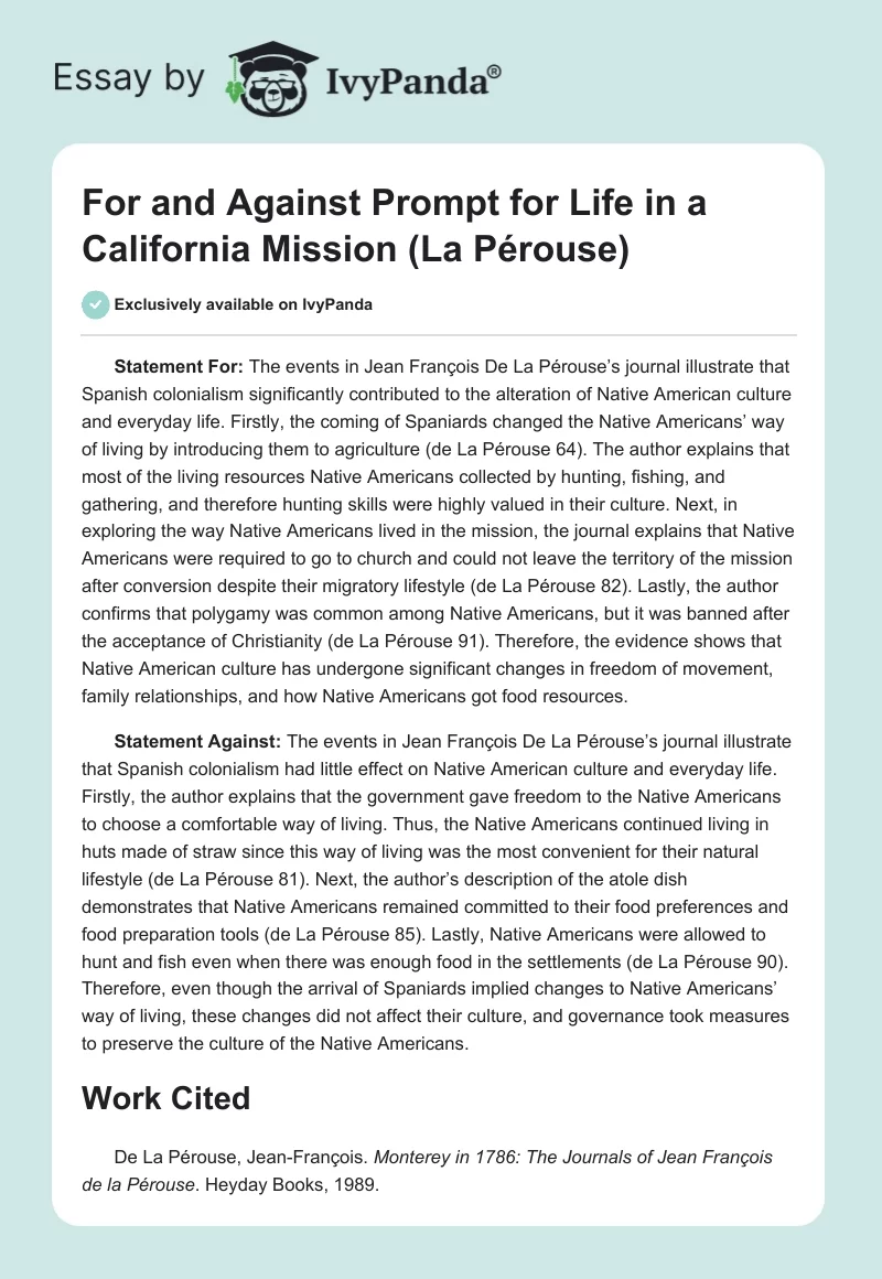 For and Against Prompt for Life in a California Mission (La Pérouse). Page 1