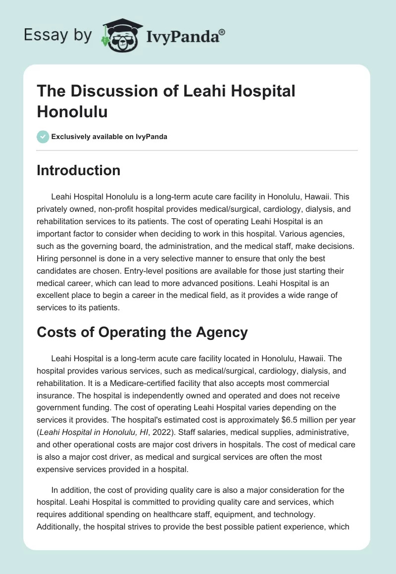 The Discussion of Leahi Hospital Honolulu. Page 1