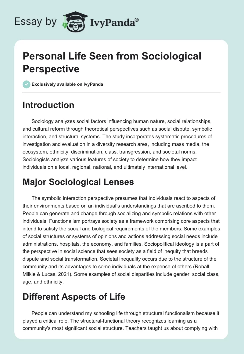 Personal Life Seen from Sociological Perspective. Page 1