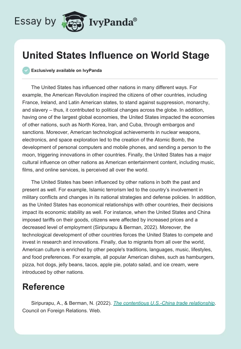 United States Influence on World Stage. Page 1