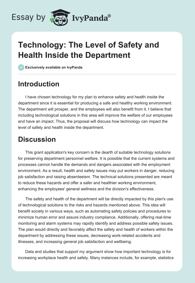 Technology: The Level of Safety and Health Inside the Department. Page 1