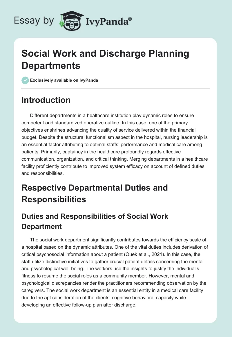 Social Work and Discharge Planning Departments. Page 1
