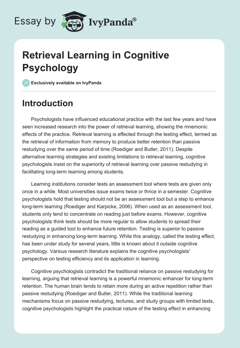 Retrieval Learning in Cognitive Psychology. Page 1