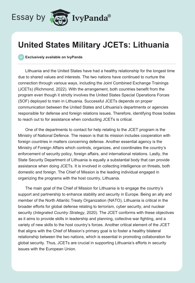 United States Military JCETs: Lithuania. Page 1